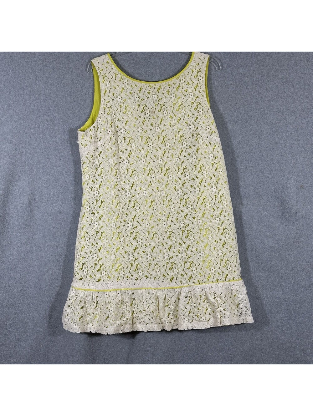 LOFT Sz. 16 Ivory Floral Lace Dress Chartreuse Yellow Lining Drop Waist Flounce